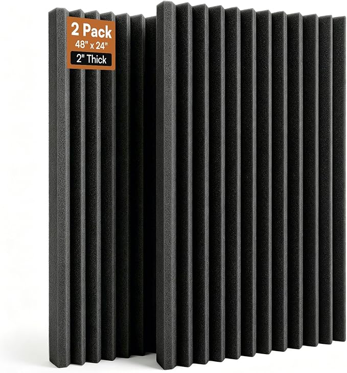 SODOCT 2 Pack Large Wedge Acoustic Foam Panels, 48 x 24 x 2 Inches High Density Sound Proof Foam for Walls, Professional Sound Absorbing Studio Panels for Home Theater, Recording (Black)