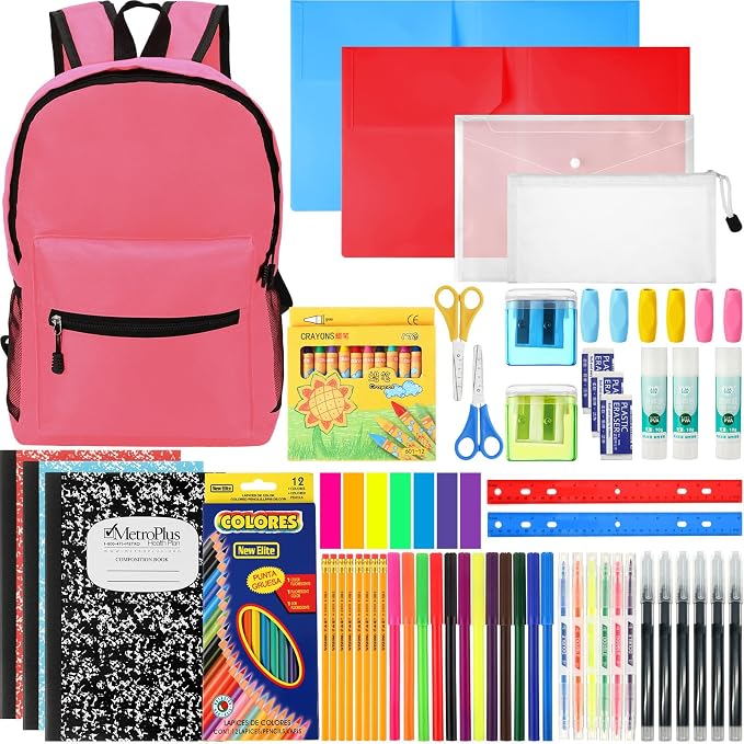 Gilprop 86 Pcs School Supplies Kit with Backpack Back to School Supplies Bag Set Elementary Essential Bundle Bulk for Student Classroom(Pink)