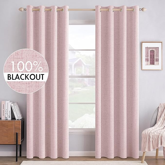 MIULEE Linen Texture Curtains for Bedroom Solid 100% Blackout Thermal Insulated Pink Curtains Grommet Room Darkening Drapes for Living Room 52x72 Inch (2 Panels)