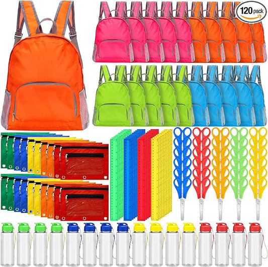120 Pcs / 24 Sets Back to School Supplies Kit Include Sturdy Oxford Backpacks Water Bottles Pencil Pouches Scissors Rulers for Students Supplies Donations Camping Party Bulk Gift Set (Classic)