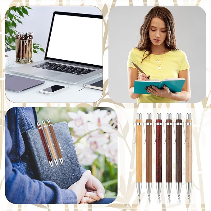 12 Pcs Bamboo Pens Employee Appreciation Gifts Engraving Wooden Ballpoint Pens Must Have for Writing Office Staff Coworkers(Elegant Color)