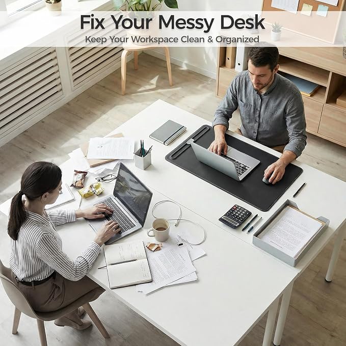 Premium Double-Sided Faux Leather Desk Pad – Non-Slip, Waterproof, with Magnetic Cable Organizer & File Storage – Designed for Offices & Creative Spaces – Durable & Easy to Clean（Black）