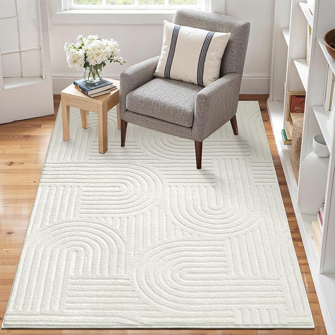 SHACOS Soft Cozy Fluffy Arch Pattern High Low Pile Rugs 5'x7' Non Slip Washable Scandinavian Minimalist Rug Modern Geometric Arc Carpet for Living Room Bedroom Dining Room, Cream White