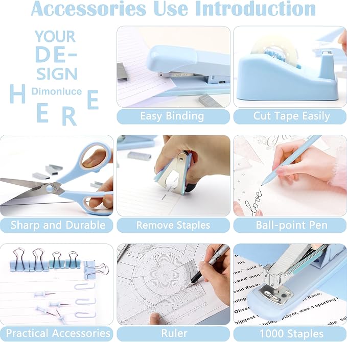 Dimonluce Blue Desk Accessories, Blue Office Supplies Accessories with Tape Dispenser, Stapler, Staple Remover, 1000 Staples, Tape, Clips Set, Ruler, Scissor, Pen