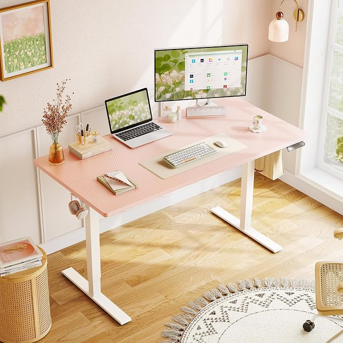 OffiGo 48" Pink Electric Standing Desk Height Adjustable for Home Office | 3 Memory Presets, Rear Cable Notch, Dual Side Hooks, Stand Up Desk for Bedroom, Study room, Home Office and Vanity Space