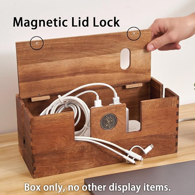 Acacia Wood Cable Management Box - Wooden Cord Hider & Organizer for Desk & Floor, Power Strip & TV Wire Concealer, Under Desk Storage for Office, Home Electrical Cables