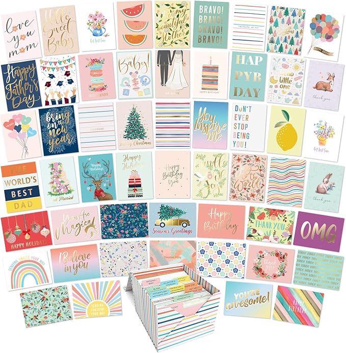 Sweetzer & Orange 100 All Occasion Cards & Envelopes Set - Greeting Notecards Assortment Box - Birthday Cards Bulk for Office, Thank You, Holiday, Blank Notecards & more – Organizer Box Included
