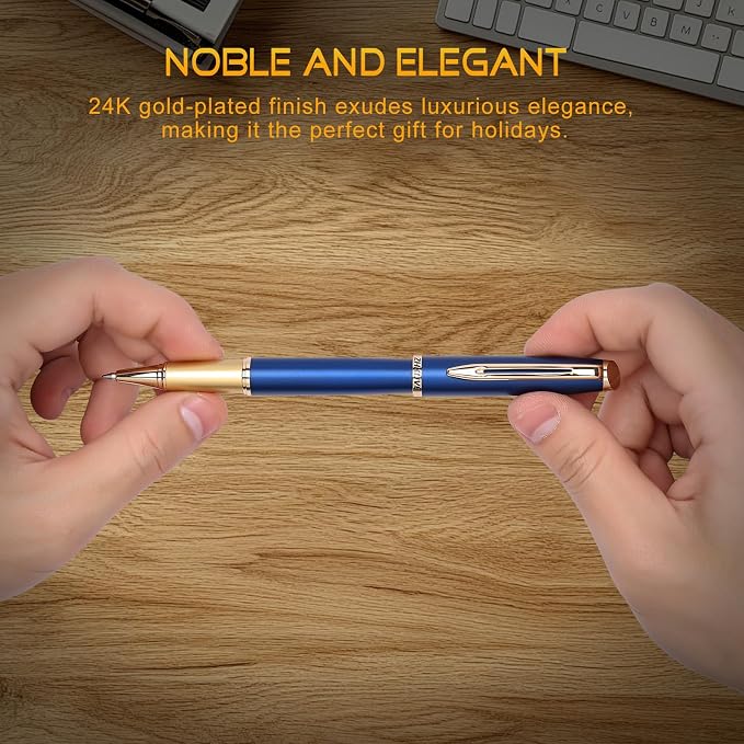 ZHKUVE Luxury Rollerball Pen, Stunning Blue Lacquer with 24K Gold Trim, Switzerland Tip with Black Ink Refills, Elegant Gift Set for Men & Women, Executive Writing