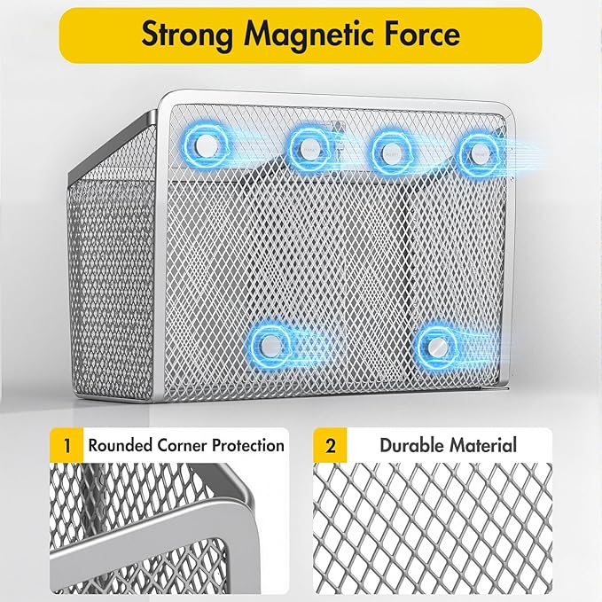BEYGORM Magnetic Dry Erase Marker Holder for Whiteboard, Mesh Pen & Pencil Holder for Refrigerator, Strong Magnetic Basket for School Locker, Office & Classroom Organizer (Silver, 1-Pack)