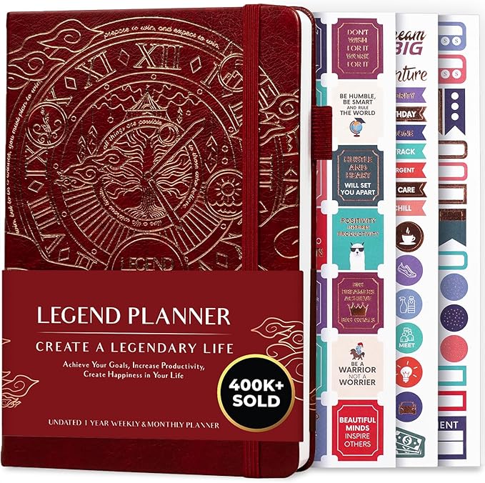 Legend Undated Weekly Planner – Goal Planner Journal & Organizer Notebook – Agenda Book with Monthly Calendar & To-Do List, A5 (Wine Red, Gold)