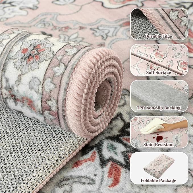 4x6 Light Pink Washable Boho Area Rug for Living Room, Vintage Floral Non Slip Bedroom Rugs, Wool Low Pile Indoor Mat, Aesthetic Pattern Carpet for Kitchen, Office and Bedside