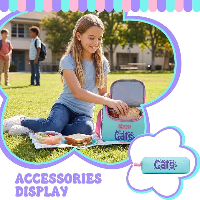 Girls School Backpack for Kids Ages 6-8,Backpack for Girls Cute Cat Lightweight Bookbag Perfect Back to School Gift for Kids with Lunch Box Pencil Case