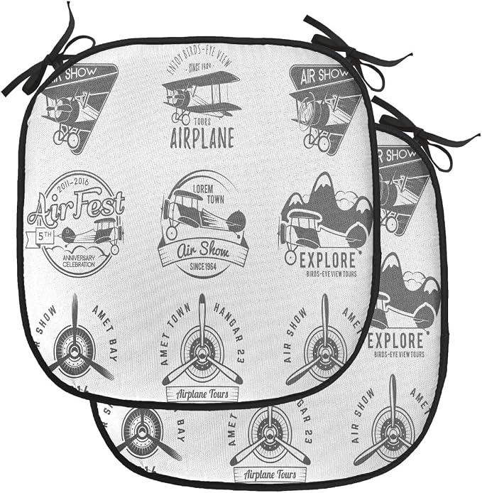 Lunarable Airplane Chair Cushion Pads Set of 2, Airplane Emblems Biplane Aviation Stamps in Greyscale Tones, Anti-Slip Seat Padding for Kitchen & Patio, 16"x16", Charcoal Grey White