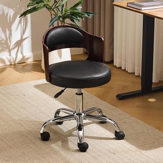 VINGLI Armless Home Office Desk Chair, Adjustable Swivel Chair,Dual-Use with/no Wheels,Small Retro Designed Walnut Curved Task Chair,Cushioned Nail Tech Chair for Study Area,Workspace,PU,Black