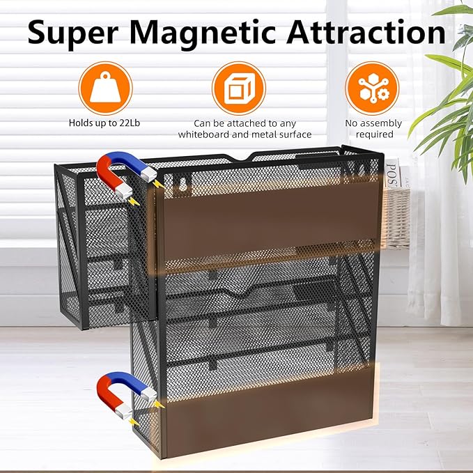Magnetic File Holder, Magnetic File Organizer Wall Mount, 5 Tier Hanging Mail Organizer Folder Holder, Mesh Desk Accessories and Organizers, Paper Document Magazine Rack with 3 Pen Holder