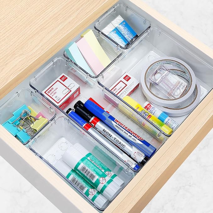 13 PCS Drawer Organizer Set, 5 Size Bathroom and kitchen organizer Trays | Bathroom and kitchen Drawer cabinet organizer Trays, Clear Storage Bins for Makeup, Jewelry, Utensils and Gadgets