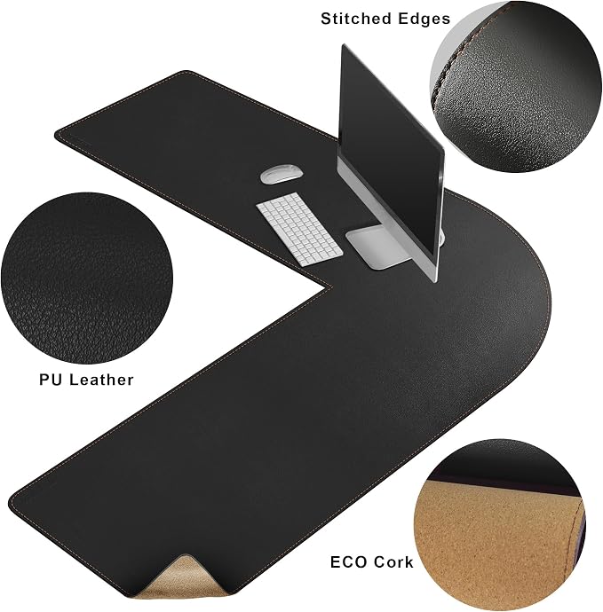 MAIDERN (47” + 47”) x 15.7” L Shaped Corner Desk Mat, Cork & Leather Reversible Desk Pad for Gaming Computer Office Home (Black)