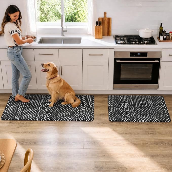 KIMODE Anti Fatigue Kitchen Mats for Floor 2 Piece, Cushioned Farmhouse Kitchen Rugs, Memory Foam Kitchen Floor Mats, Standing Desk Mats for Laundry Office Sink Black 20"x47"+20"x32"