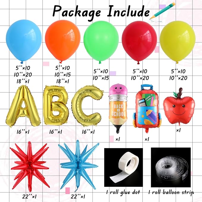 Welcome Back To School Balloon Arch Garland Kit, 153PCS Rainbow Schoolbag Pencil Apples ABC Foil Balloons, First Day of School Classroom Kindergarten Graduation Decorations