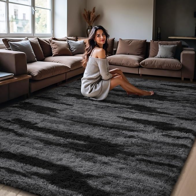 HOMORE 8x10 Area Rug for Living Room, Black and Grey Fluffy Furry Shaggy Rugs for Bedroom, Super Soft and Comfy Carpet for Kids Room, Cute Carpets for Nursery Girls Home Decor