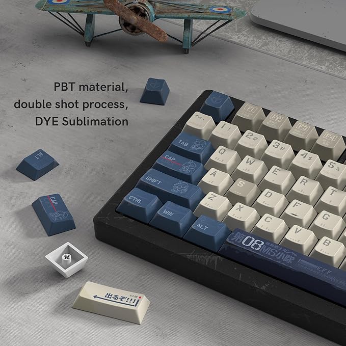 dagaladoo Retro Japanese Anime PBT keycaps,Beige/Blue Keycaps 60% 65% 100%,Dye Sublimation Custom Key caps,Cherry Profile Keyboard Key caps for TKL US Layout Mechanical Keyboard