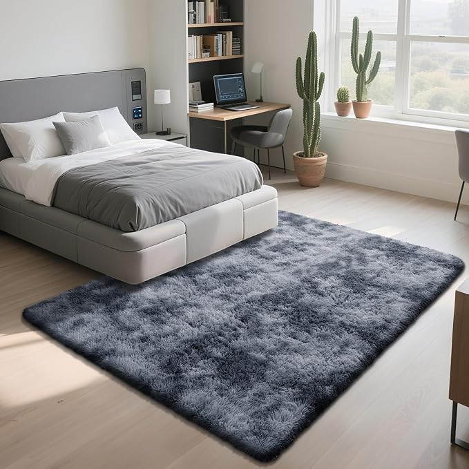 Fluffy Rug Shag Area Rug, Mottling Dark Grey 5x8 Area Rugs for Bedroom, Small Bedside Rug, Soft Fluffy Shag Entryway Throw Rugs for Living Room Bedroom Room Home Decor
