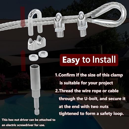 16PCS 3/16 to 1/4 Inches M5 Stainless Steel Wire Rope Clips Cable Clamp | Corrosion resistant,antirust,easy to install with 1 nut driver