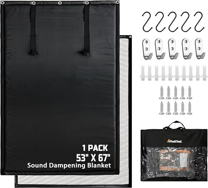 Soundproof Curtains 53" x 67" Acoustic Sound Barrier Dampening Blanket for Doors & Windows, Noise Blocking Blackout Curtain, Use for Recording Studio Home Office,Black