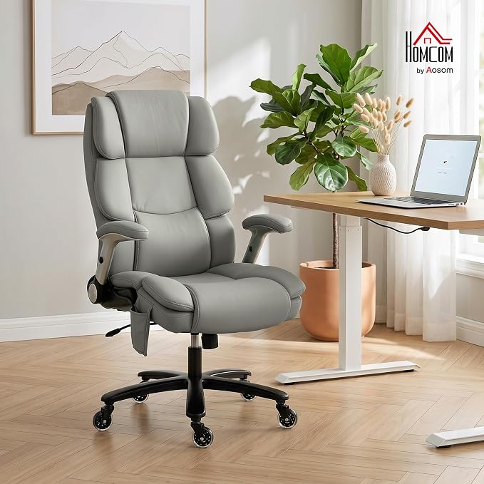HOMCOM 400 Lbs Heavy Duty Office Chair with Adjustable Lumbar Support Gray | Inflatable Adjustable Lumbar Support, Heavy Duty High Back Desk Chair, Pet-Friendly Fabric, 4-Level Gas Lift