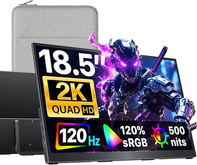cocopar Portable Monitor 18.5 Inch 2K QHD 120Hz 120% sRGB Travel Monitor with Speaker HDMI USB-C Second Screen for Laptop MacBook Surface PC Xbox PS4/5, VESA Mountable, with Kickstand