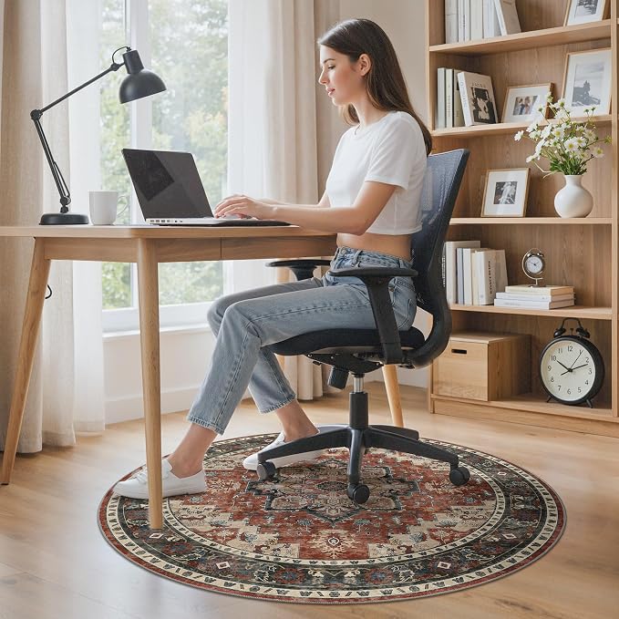 Office Chair Mat for Hardwood Tile Floor, Under Desk Carpet Protector for Rolling Computer Chair Mat, Round Washable Rugs 5ft Circle Area Rug, Anti-Slip 1/5" Thick Low Pile Thin Floor Mat, Annatto