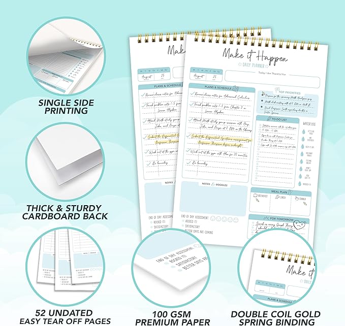 Decorably 52 Sheets Blue Undated Daily Planning Sheets - 6.5x10in Spring-Bound Planner Notepad, Easy Tear-Off, for Schedule, Priorities, Agenda, Water Intake, Meals, Notes and Doodles - Home, Office