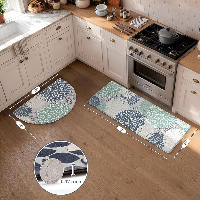 KIMODE Half Circle Anti Fatigue Mats for Kitchen Floor Rug Sets of 2 | 18"x28+18"x47",Cyan,Dahlia Floral Boho,Kitchen Rug Sets of 2,Non Slip,Waterproof,for Sink Office Laundry Bathroom Decor