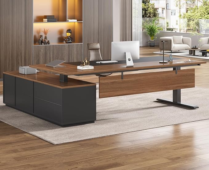 SEDETA Executive L Shaped Electric Standing Desk, 71" Height Adjustable Executive Desk with 3 Drawers and Cabinet, Sit Stand Up Home Office Desk with Power Outlets & Side Hook, Brown