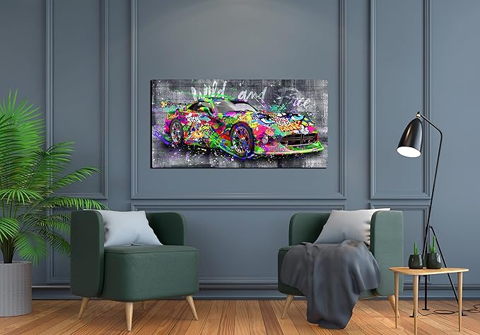 SIXTTART Graffiti Car Wall-Decor - Banksy Canvas Wall Art for Bedroom - Teen Boy Room Decor Ready To Hang Size 40" x 20"