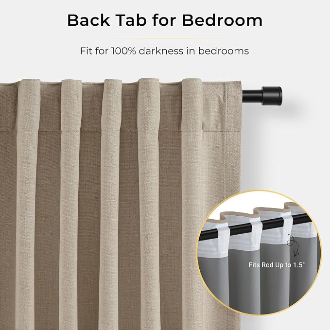 INOVADAY 100% Blackout Curtains for Bedroom, Burlywood Birch Black Out Curtains 102 Inch Long, Clip Rings Linen Blackout Drapes, Thermal Insulated Room Darkening for Living Room, 2 Panels - W50xL102