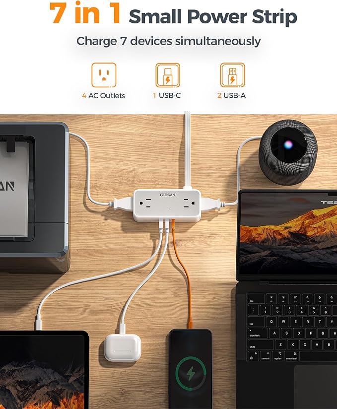 TESSAN Flat Plug Extension Cord 10 FT, Surge Protector Power Strip with 4 AC Outlets 1 USB C and 2 USB A Ports, 900 Joules Protection, Multiple Wall Outlet Extender Suitable for Office Dorm, Grey