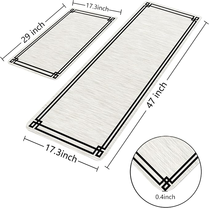 Cream Retro Elegance Frame Textured Kitchen Rug Sets [2 PCs], Anti-Fatigue, Waterproof Non-Slip Kitchen Mats Heavy Duty Comfort Foam Rug for Kitchen, Floor, Laundry,17"x29"+17"x47"