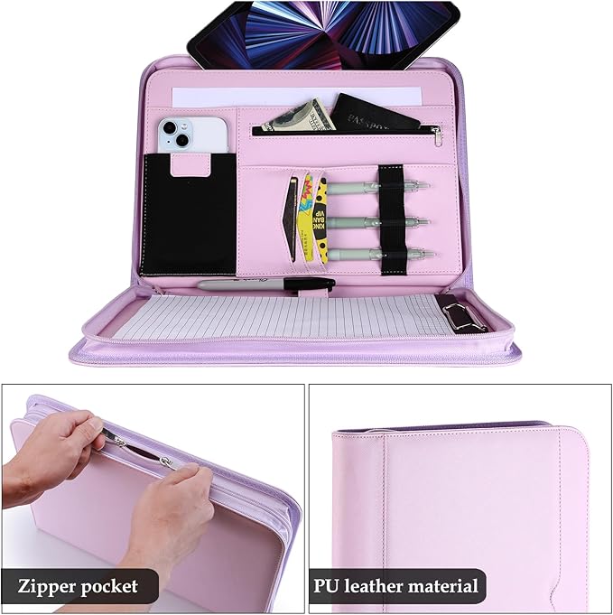 ProCase Portfolio Business Padfolio Folder with Zipper, Conference Meeting Executive File Legal Document Organizer with Pockets Letter Size A4 Writing Pad Notepad Padfolio -Purple