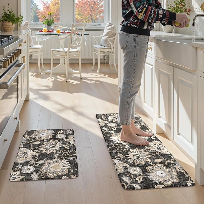 LEEVAN Anti Fatigue Kitchen Mats for Floor, Cushioned Kitchen Mat Set 2PCS | 20"x31"+20"x47", Boho Floral Black Kitchen Rugs Non-Slip Comfort, Waterproof Ergonomic Standing Mat for Laundry, Office, Sink