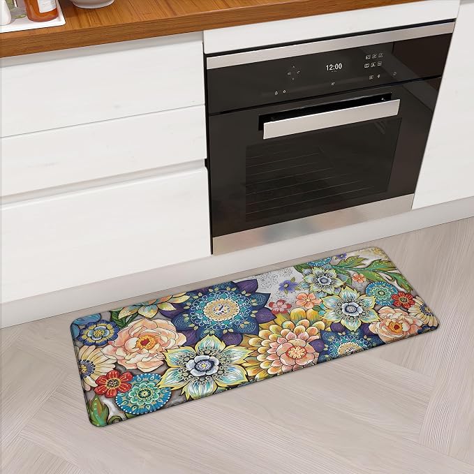 Floral Kitchen Runner Rug Mat for Floor Boho Cushioned Anti-Fatigue Mat Memory Foam Standing Desk Padded Comfort Floor Mat for Sink, Office, Laundry, 17.3x47 Inch - 1/2 Inch Thick