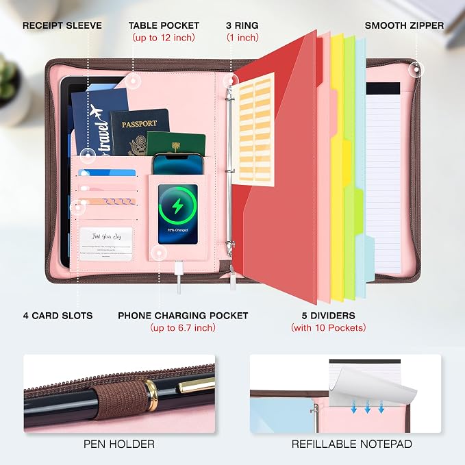 Ospelelf Zippered Padfolio Organizer, Faux Leather 3 Ring Binder with Clipboard, Letter Size Business Portfolio with Notepad, Tablet Sleeve & Phone Pockets for Office Work Pink