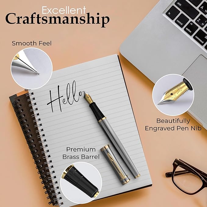 Wordsworth & Black Fountain Pen Set, 18K Gilded Extra Fine Nib, Includes 24 Pack Ink Cartridges, Ink Refill Converter & Gift Box, Gold Finish, Calligraphy, [Silver Gold], Perfect for Men & Women