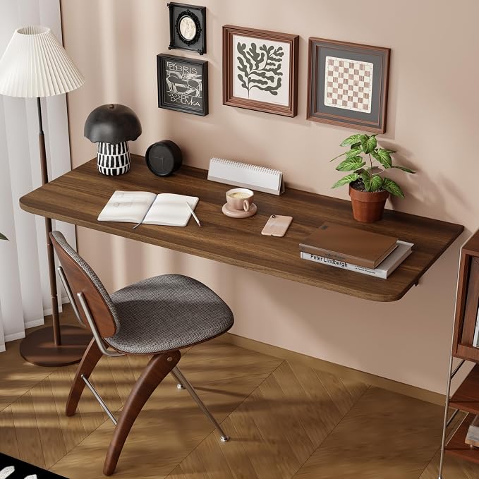 Dogsky Wall Mounted Folding Table, Floating Desk 48x15.7Inch, Fold Down Shelf Wall Mounted with Heavy Iron Brackets, Foldable Table for Launrdy Room, Office Study Work Bench, Kitchen Dining, Walnut
