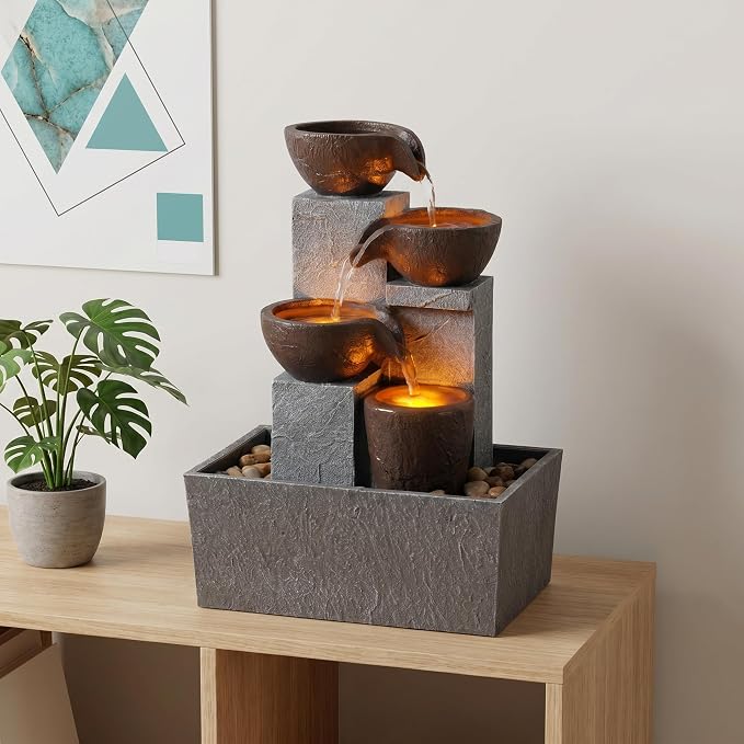 13 Inch Tabletop Water Fountain Indoor, Desktop Waterfall Fountain with LED Lights, Indoor Fountain Zen Decor for Home Office Bedroom Meditation Relaxation Desk Decor, Gift for Women and Mom