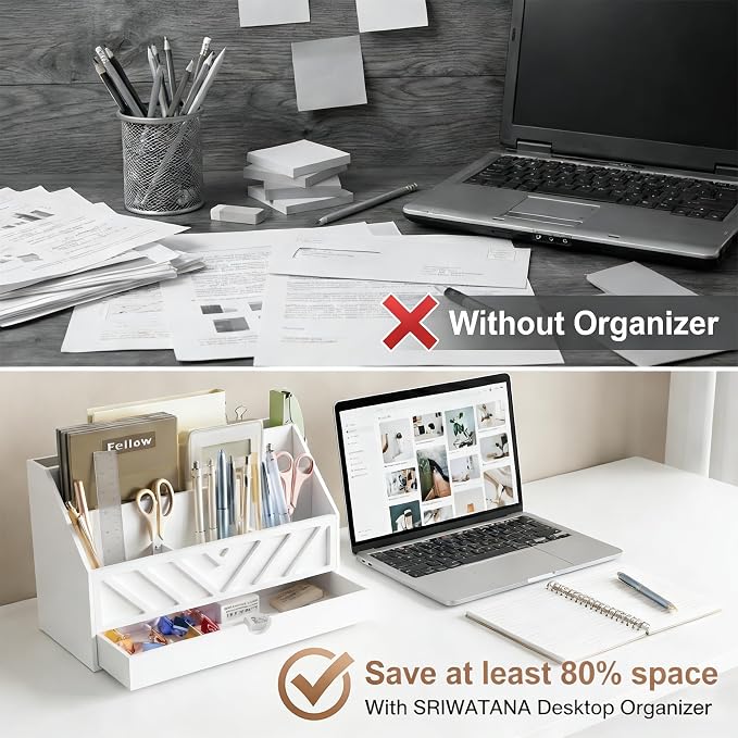 SRIWATANA White Desk Mail Organizer with Drawer, 5 Slot Countertop Sorter | Pull-out Drawer Storage, 5 Compartment Mail Sorter, Holds Letters Bills Envelopes Receipts, for Home Office