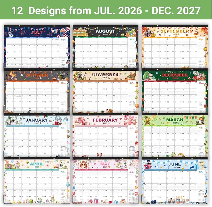 2026-2027 Desk Calendar - Jul. 2026 - Dec. 2027, 12" x 17", 18 Months Calendar Pad with Corner Protectors, Cutting Line, Hanging Hole, Large Office Desktop Calendar - 18 Different Themes