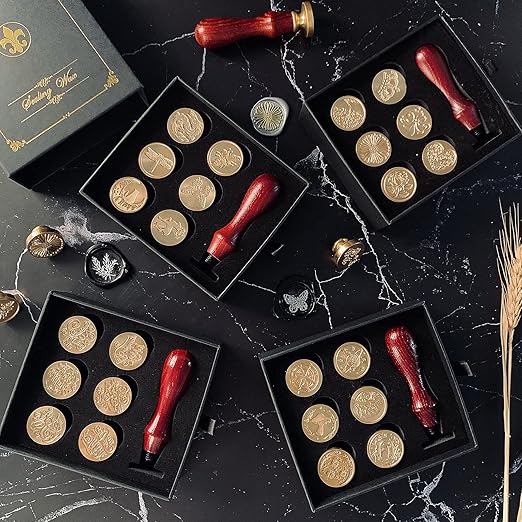 Wax Seal Stamp Gift Box Set, 6 Pcs Sealing Wax Stamps Copper Seals 1 Wooden Hilt, Wax Stamp Kit for Cards Envelopes, Gift Packaging (Animal Insect Series)