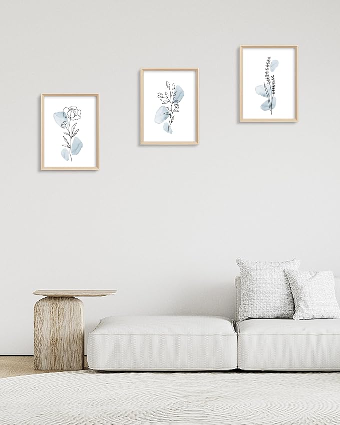 HesenDot Framed Blue Floral Canvas Wall Art,Minimalist Botanical Wall Art Decor,12x16IN Wood High Framed Prints,Boho Flowers Artworks Prints Posters for Living Room,Kitchen,Bedroom Set of 3