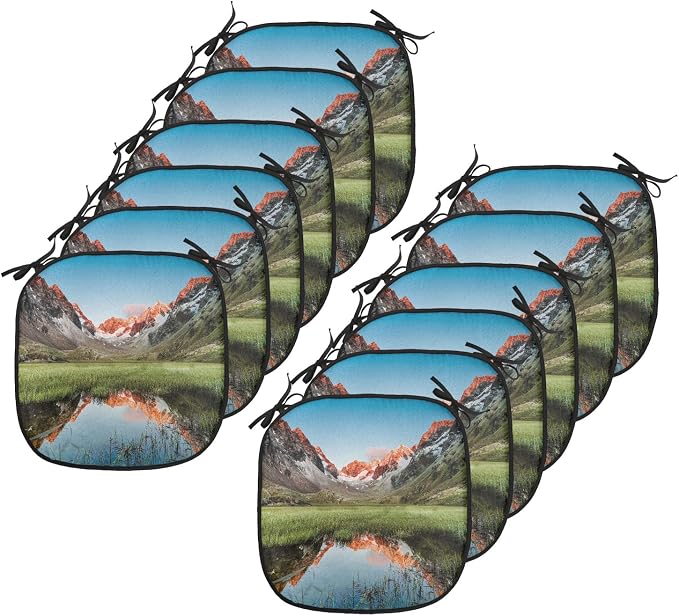 Lunarable Rustic Chair Cushion Pads Set 12, Snowy Peaks Mirroring in Lake Surrounded by Meadow Below Stubai Alps Austria Image, Anti-Slip Seat Padding for Kitchen & Patio, 16"x16", Multicolor